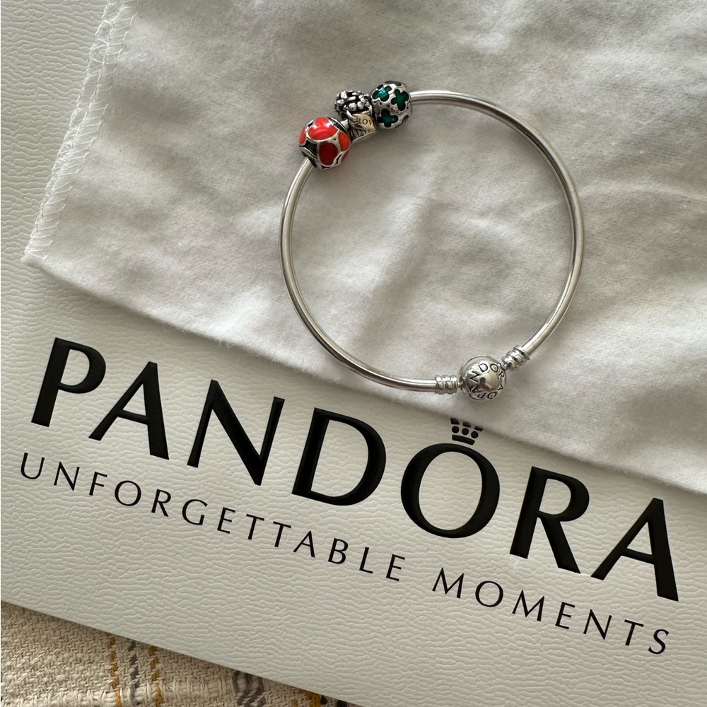 Authentic PANDORA Sterling Bangle Bracelet with 3 charms included